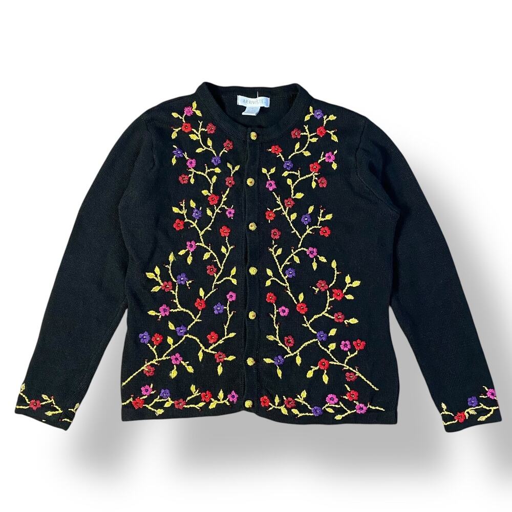 Arriviste Black Beaded Embroidered Floral Button-Up Cardigan Size M‎